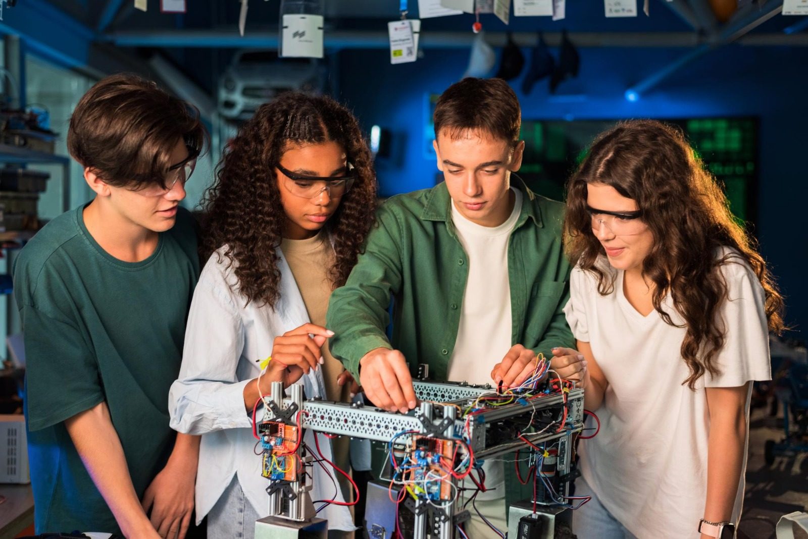 Students collaborating on a robotics build